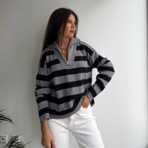 Jersey punto cuello cremallera gris/negro