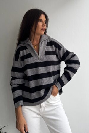 Jersey punto cuello cremallera gris/negro