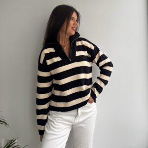 Jersey punto cuello cremallera negro/beige