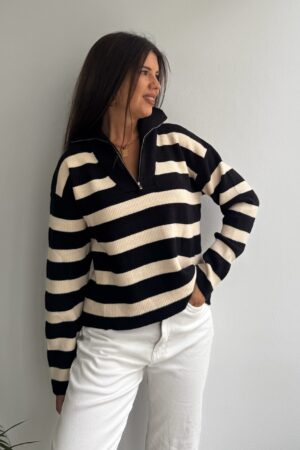 Jersey punto cuello cremallera negro/beige