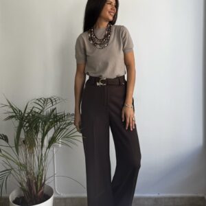 Pantalón wide leg tela marrón cinturón