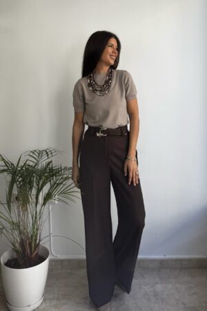 Pantalón wide leg tela marrón cinturón