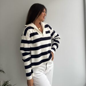 Jersey punto cuello cremallera blanco/ marino