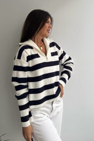 Jersey punto cuello cremallera blanco/ marino