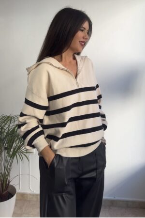 Jersey punto beige rayas negras