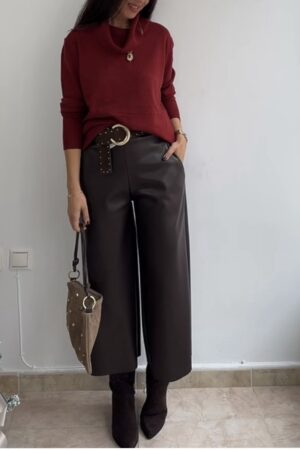 Pantalón efecto piel palazzo marrón