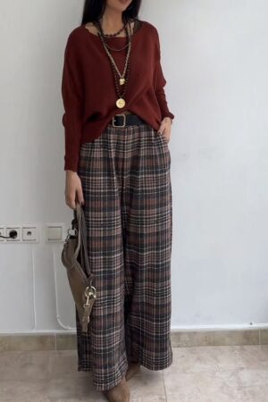 Pantalón punto  cuadros marrones