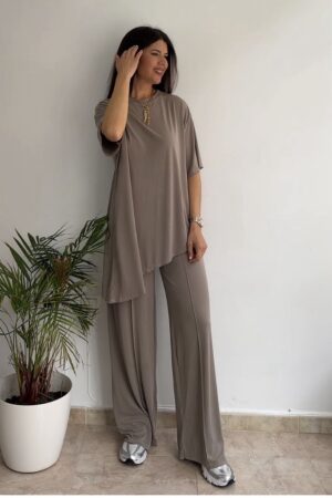 Conjunto asimétrico licra fría taupe