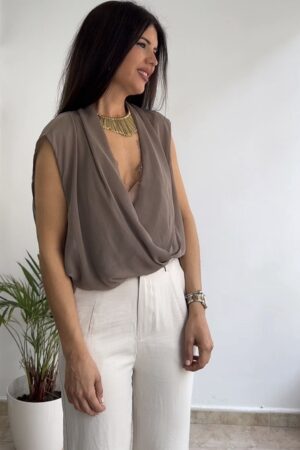 Blusa gasa encaje taupe