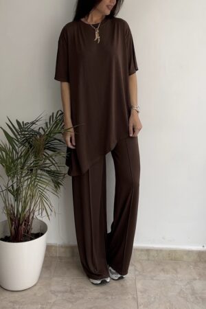 Conjunto asimétrico licra fría marrón chocolate