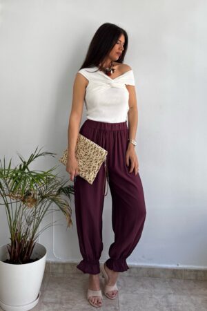 Pantalón puño elástico vuelo berenjena